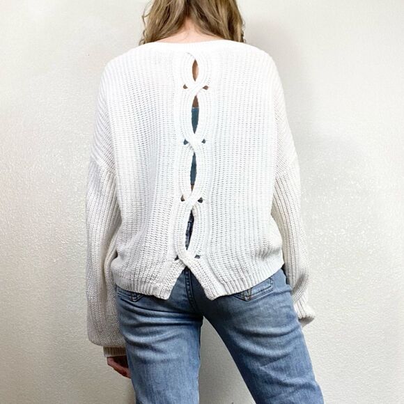 Express White Knit Cutout Back Balloon Sleeve Sweater - Picture 2 of 7